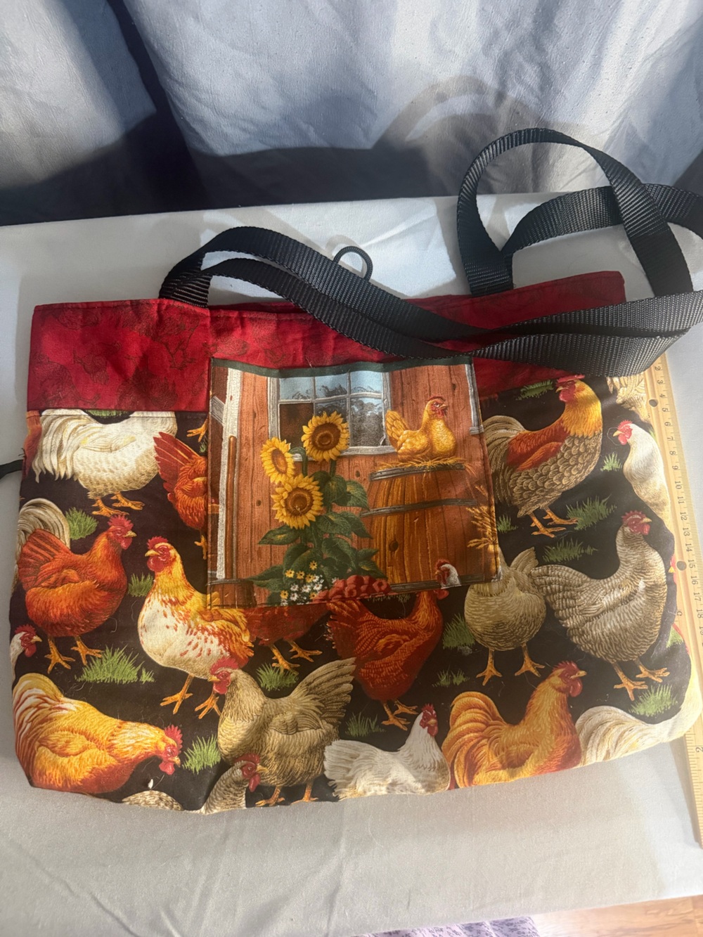 Handmade Farmhouse Chicken Print Tote Bag in Red and Brown